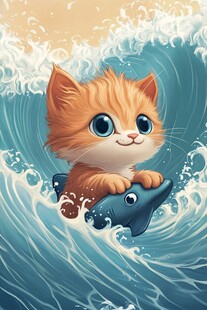 猫咪抱鱼插画