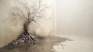 淡雅金色树形墙绘