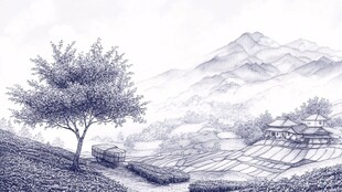 山水画茶树茶杯茶园