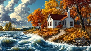 唯美秋天风景油画