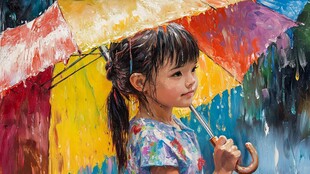 夏日雨季撑伞的小女孩