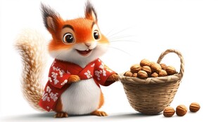 卡通松鼠抱着坚果