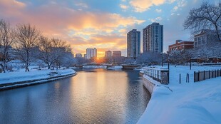 雪后生态城的落日