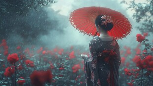 花间红伞