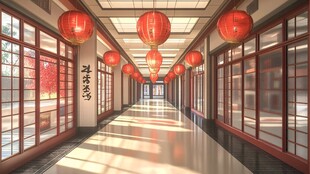 挂着红灯笼的走廊