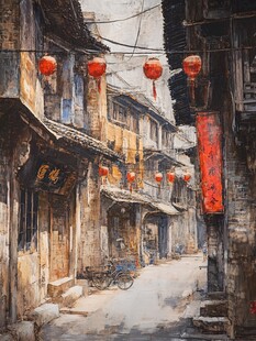 油画古街巷