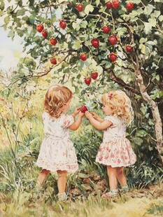 小女孩摘苹果插画