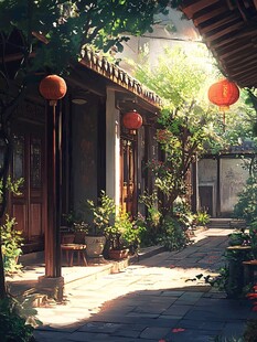古风庭院插画