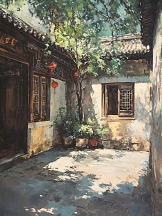 水粉画古街巷