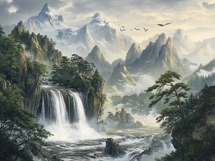 山水风景油画瀑布