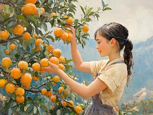 采柑果女孩插画