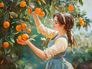 采柑果女孩插画