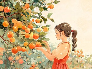 采柑果女孩插画