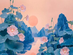 中式山湖插画