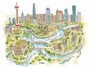珠江上中游城市插画