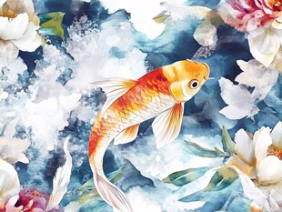 手绘牡丹金鱼插画