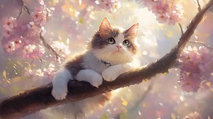 春天猫咪樱花插画壁纸