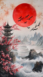 旭日东升楼阁山水画