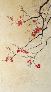 工笔手绘红墙梅花