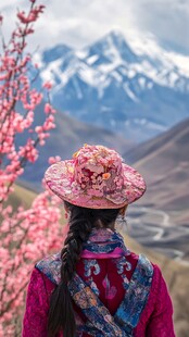 美女遥看雪山