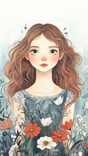 捧花蓝的女孩插画