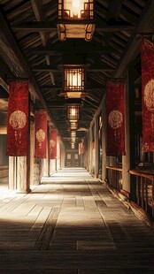挂满红灯笼的中式走廊