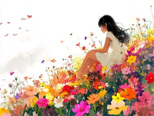 花丛里坐着的女孩