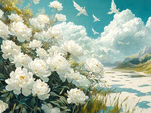 蓝天白云鲜花油画