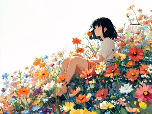 花丛里坐着的女孩