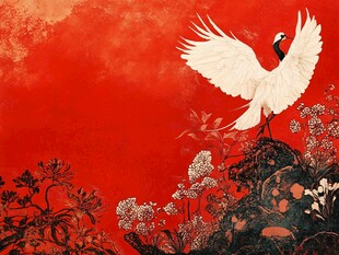 手绘仙鹤花卉背景墙