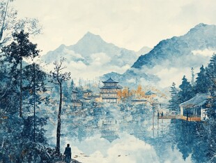 插画横店水彩水墨山水