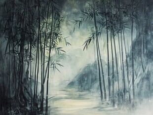 竹林油画