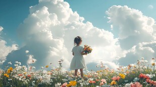 蓝天白云小女孩风车