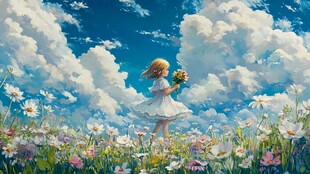 蓝天白云女孩插画