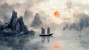 水墨山水帆船