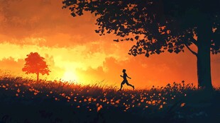 草地奔跑的少年插画