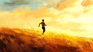 草地奔跑的少年插画