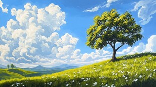 蓝天白云草地大树