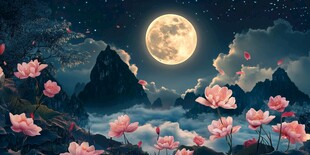 花好月圆水墨山水画