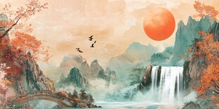 红叶古风山水画