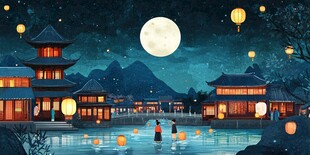 虎溪夜月景点插画