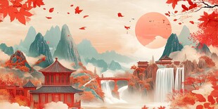 红叶古风山水画