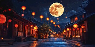 中秋夜晚古镇夜景