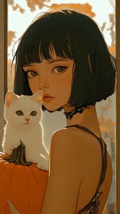 撸猫少女插画