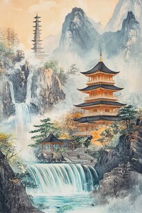 新中式山水描金楼阁画