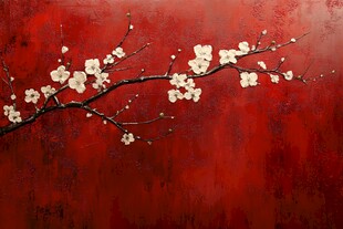 工笔手绘红墙梅花