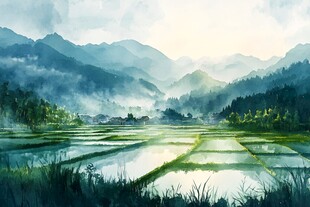 插画华南水彩水墨山水