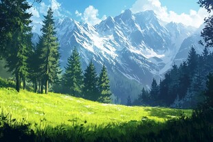 手绘森林山峰草地