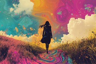 彩虹下的女孩背影