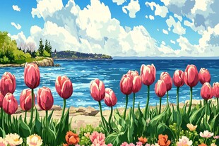 唯美海岸风景插画